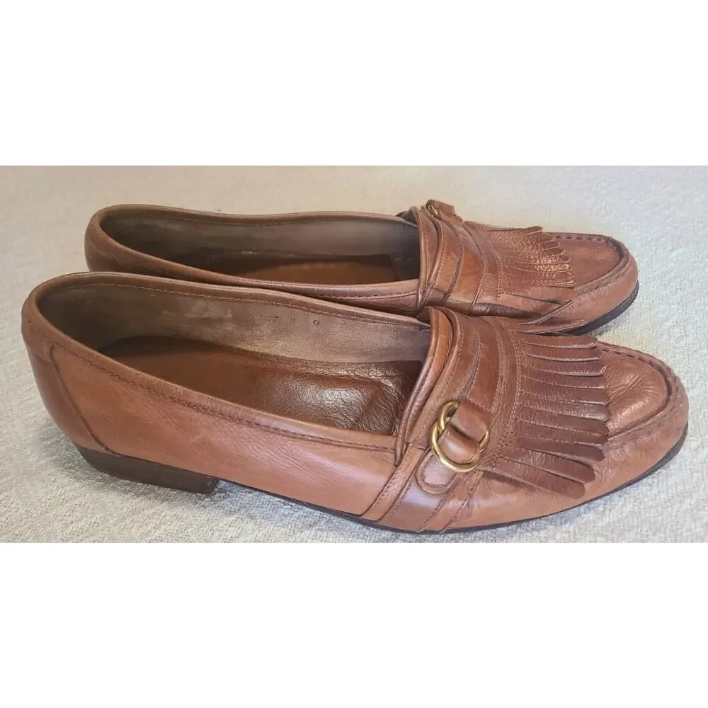 Cole Haan Tan Leather Kiltie Loafers with Gold Buckle Detail